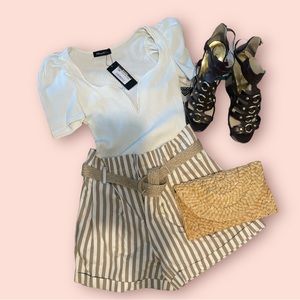 TAN/WHITE - stripped shorts with ratan like belt! Worn once